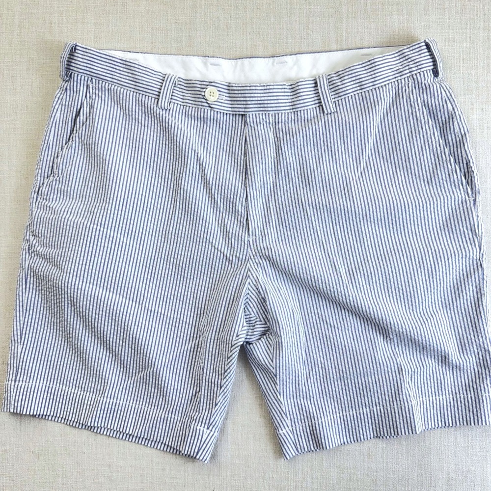 Brooks Brothers Mens Seersucker Bermuda Shorts Blue White Stripe 40 Cotton